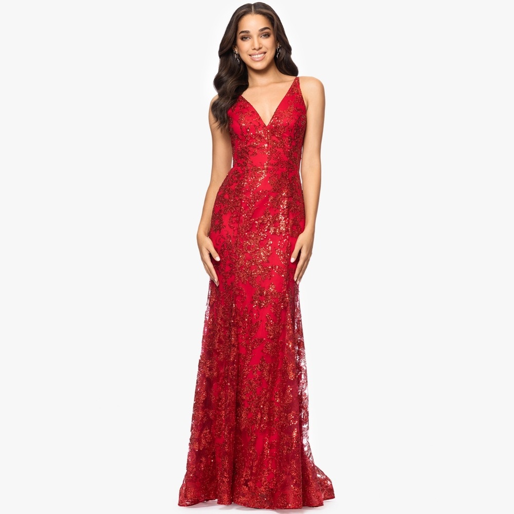 Elegant Red Evening Gown, Glitter-Floral V-Neck Gown
